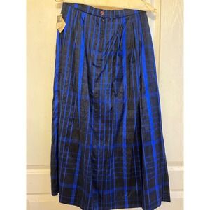 Susan Bristol 100% Silk Plaid Midi Skirt Blue Black Pleated Pockets Size 14 NWT